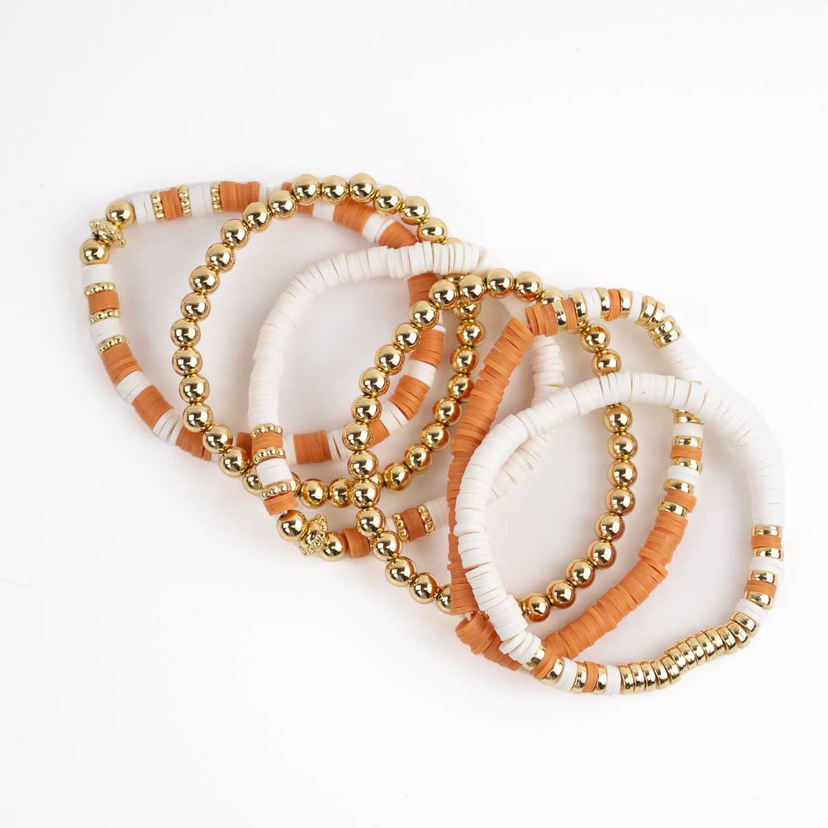Clay Bead Bracelet Stack Orange/White/Gold 7" - Veranda Cafe & Mercantile