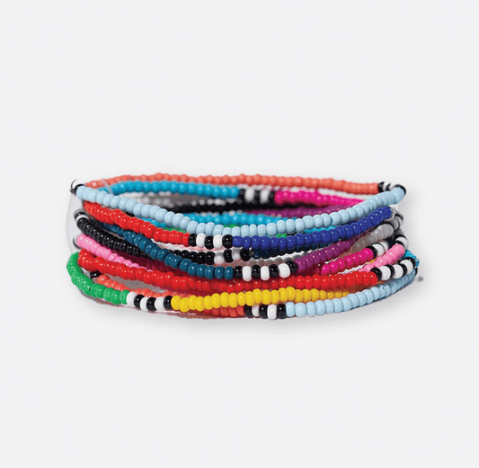 Sage Color Block with Stripe Beaded 10 Strand Stretch Bracelets - Veranda Cafe & Mercantile