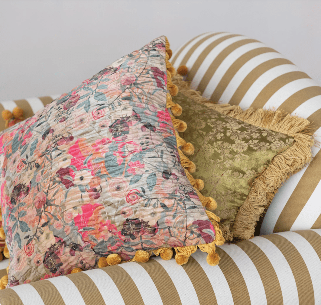 Velvet Printed Pillow w/ Hand - Embroidered Kantha Stitch - Veranda Cafe & Mercantile