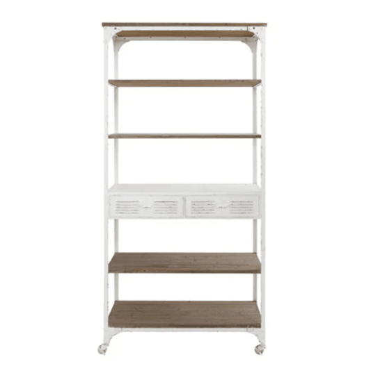 5 - Tier Shelf with Drawers on Casters - Veranda Cafe & Mercantile