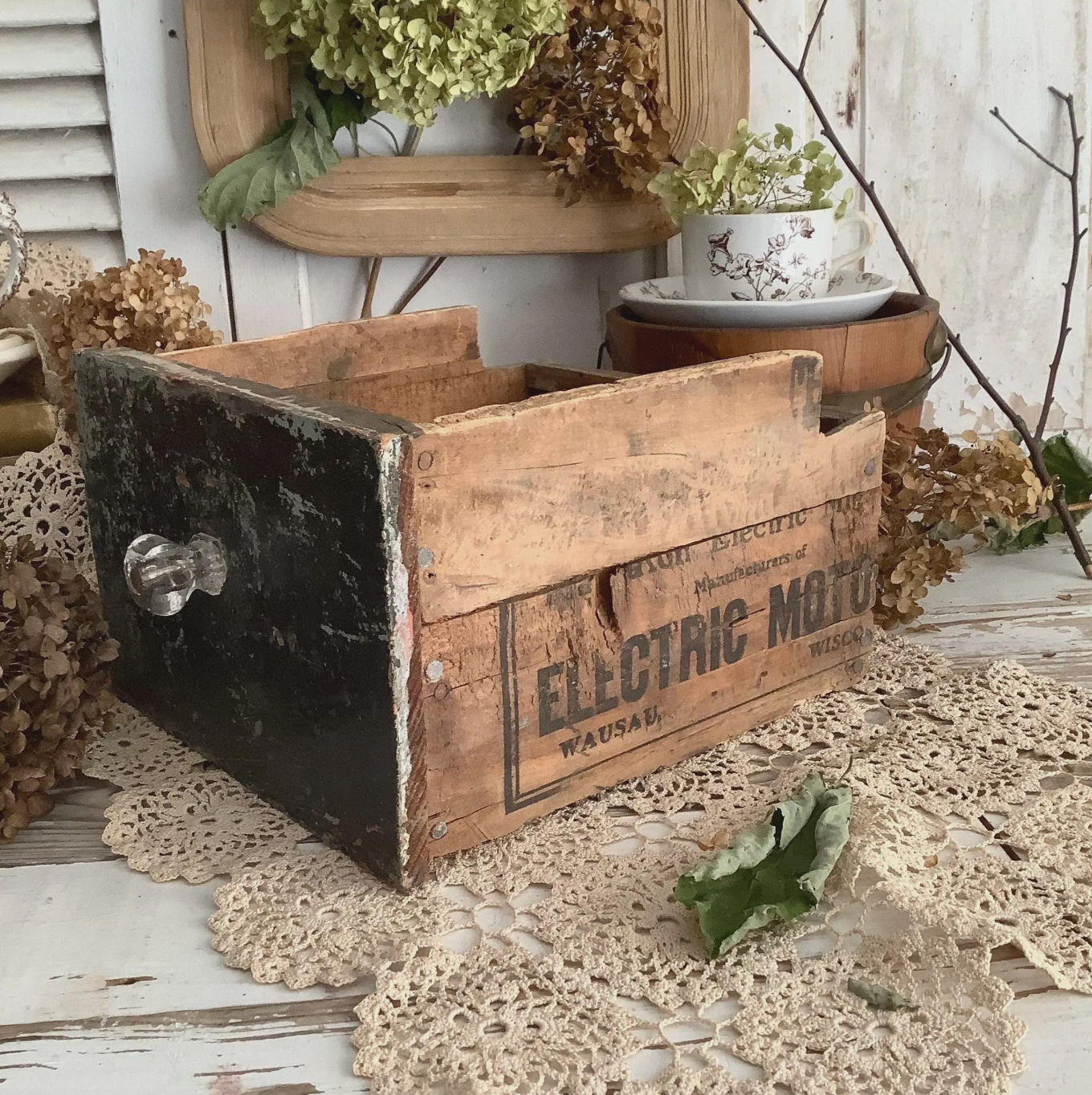 Vintage Black Advertising Wood Crate Drawer