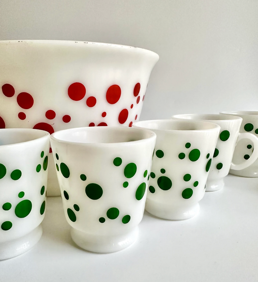 Vintage Hazel Atlas Green Polka Dot Pattern Milk Glass Mug