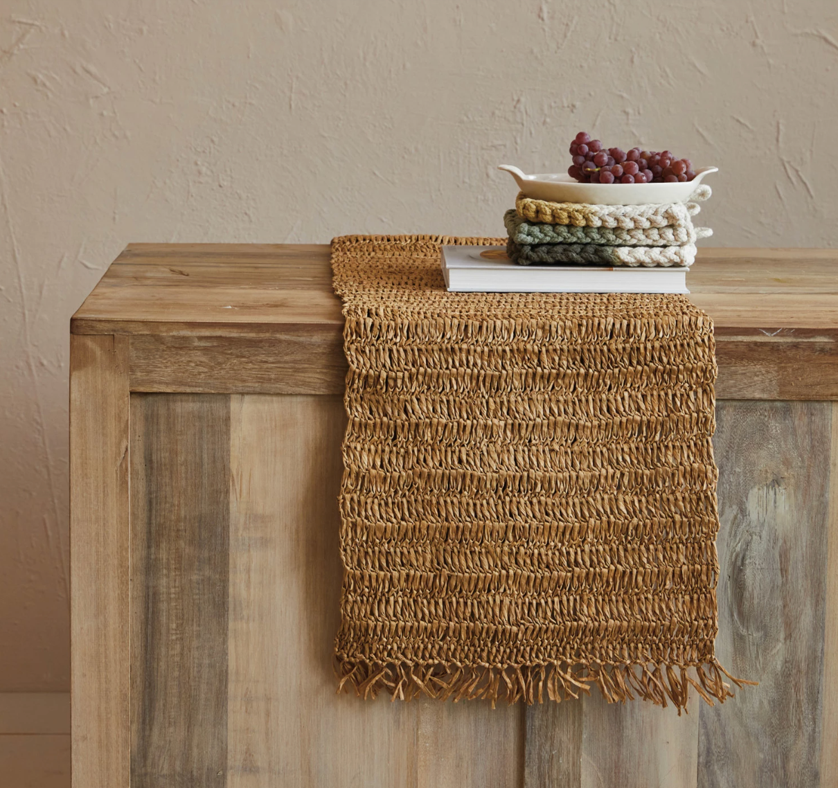 Woven Raffia Table Runner w/ Fringe