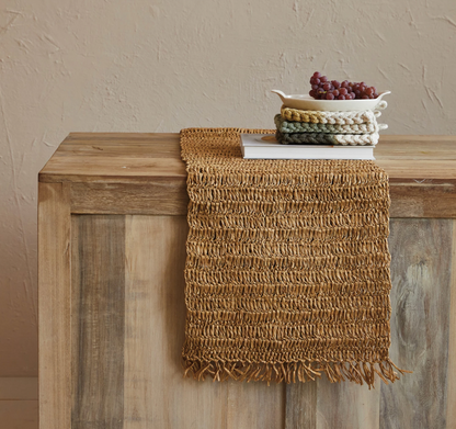 Woven Raffia Table Runner w/ Fringe