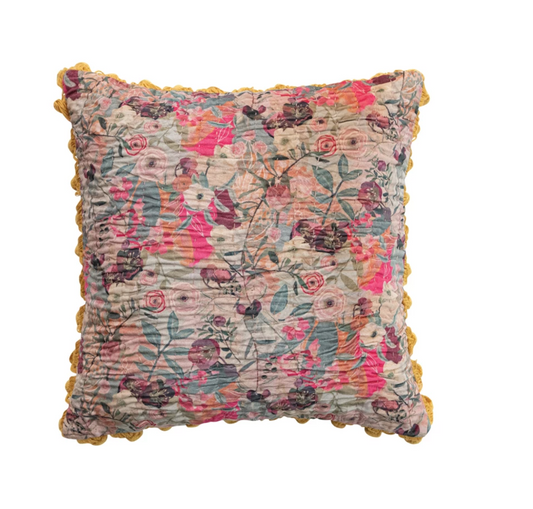 Velvet Printed Pillow w/ Hand-Embroidered Kantha Stitch