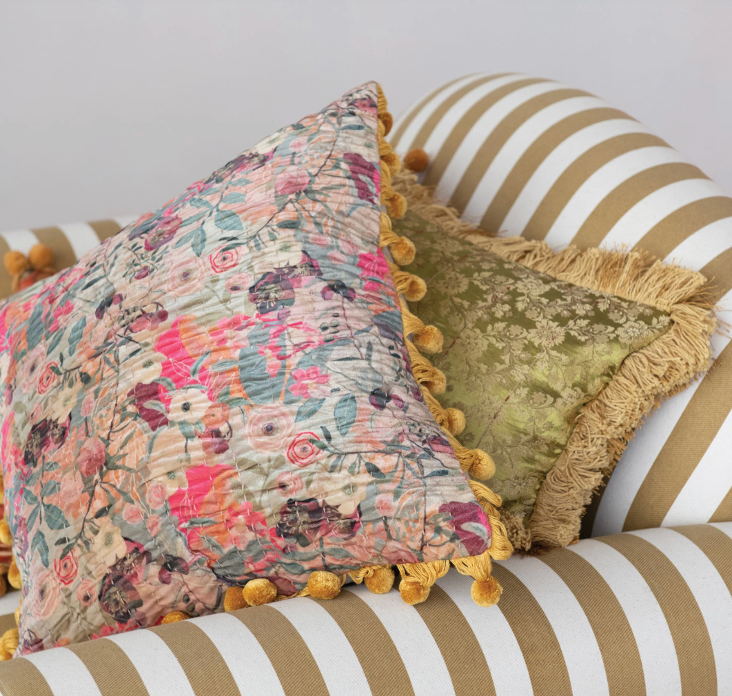 Velvet Printed Pillow w/ Hand-Embroidered Kantha Stitch