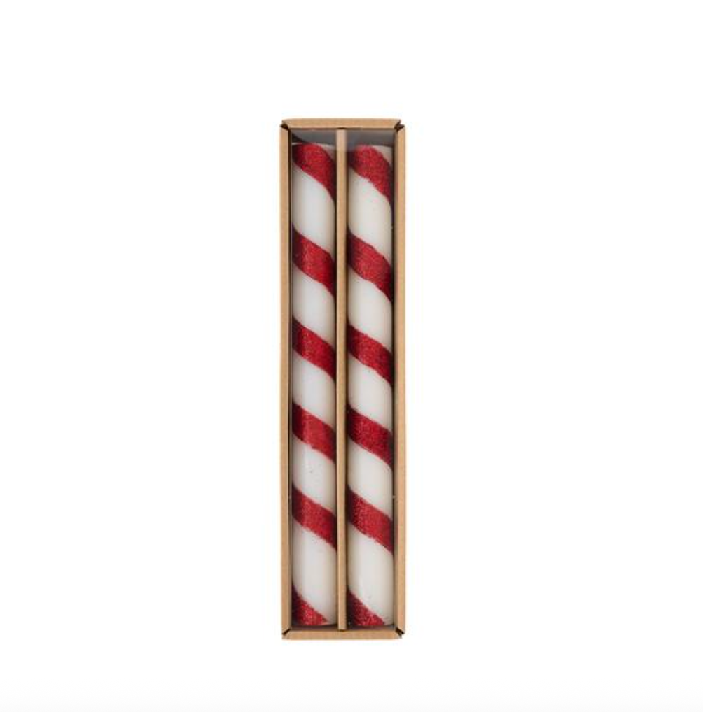 Red Stripe Taper Candle Set