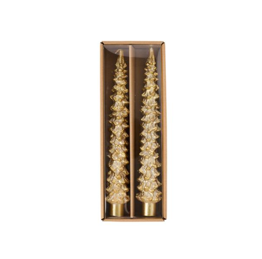 Gold Christmas Tree Taper Candle Set