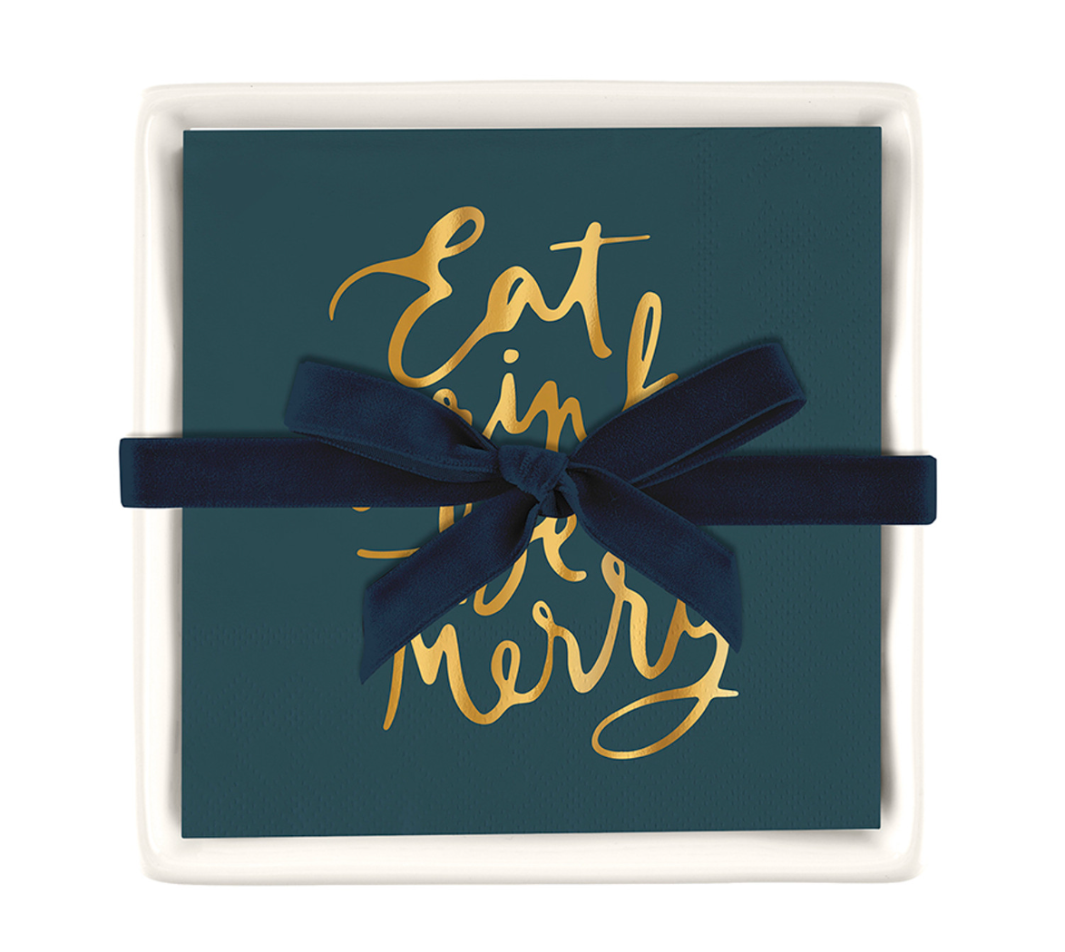 Ceramic Napkin Tray + Napkins - Eat Drink and be Merry