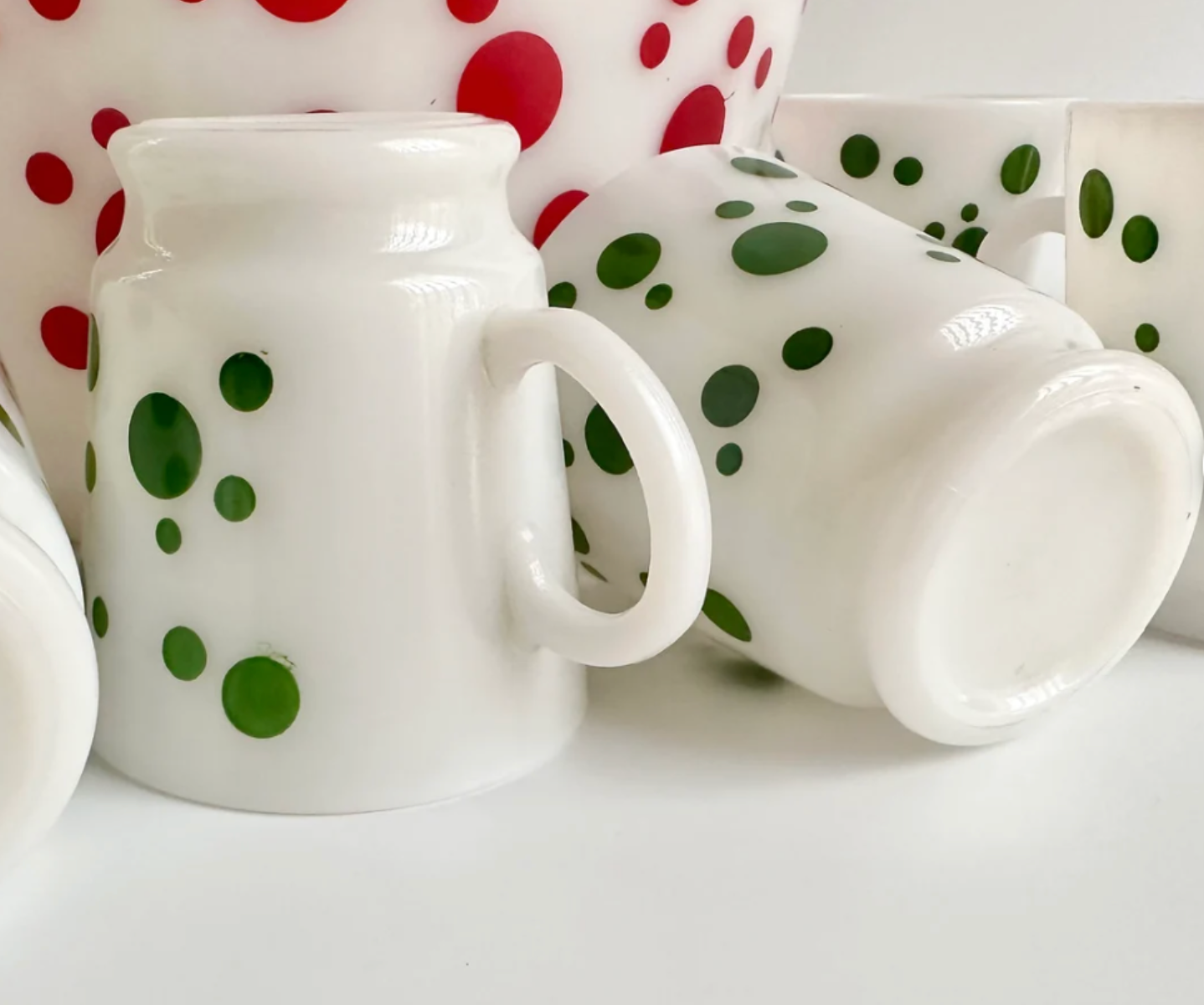 Vintage Hazel Atlas Green Polka Dot Pattern Milk Glass Mug
