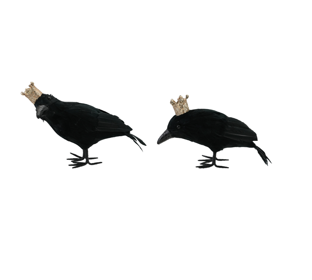 Gold‑Crowned Feathered Crow Figurine — Black & Gold Glitter