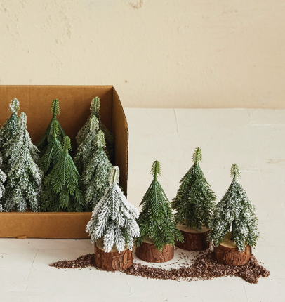 Faux Evergreen Trees with Natural Wood Slice Base - 4.25" H