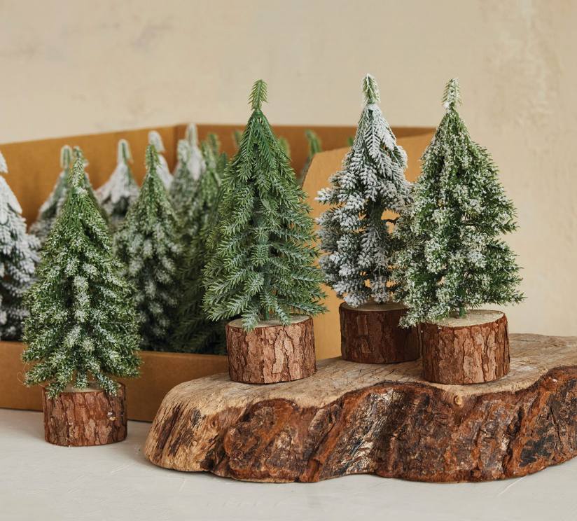 Tall Faux Evergreen Tree with Natural Wood Slice Base - 7.5"H