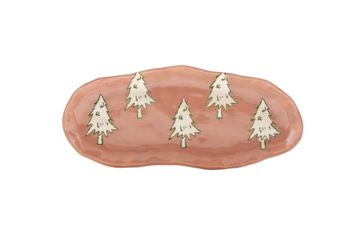 Stoneware Oval Platter with Wax Relief Trees, Pink, White & Green