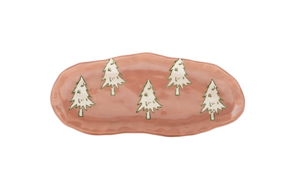 Stoneware Oval Platter with Wax Relief Trees, Pink, White & Green