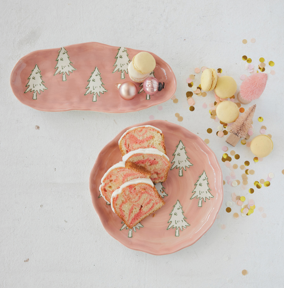 Stoneware Oval Platter with Wax Relief Trees, Pink, White & Green