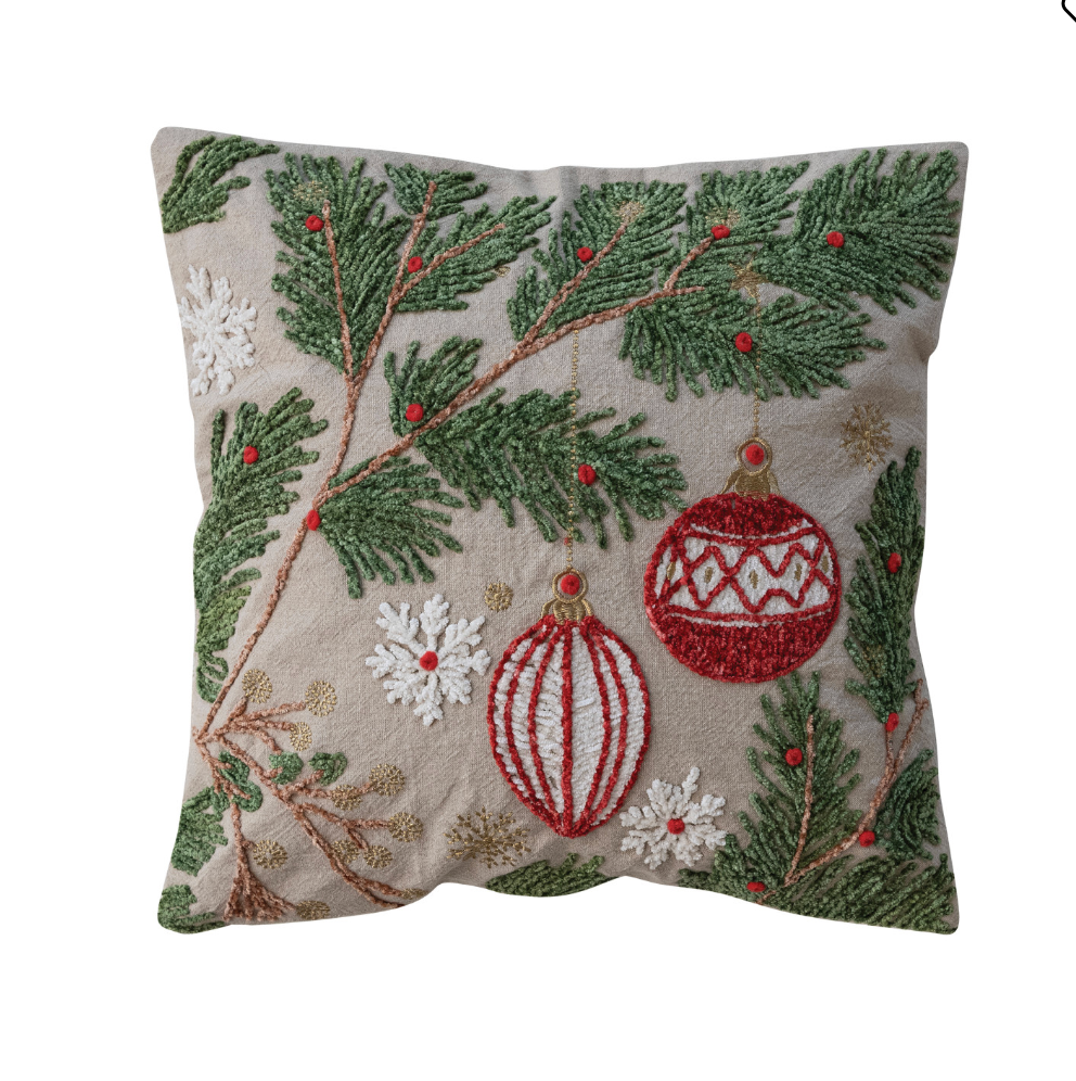 Embroidered Holiday Pillow, 18" Square | Pine Boughs, Ornaments & Snowflakes