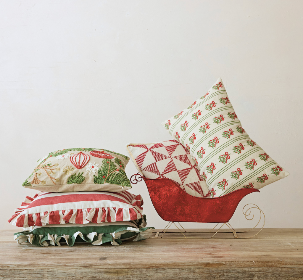 Embroidered Holiday Pillow, 18" Square | Pine Boughs, Ornaments & Snowflakes