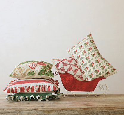 Embroidered Holiday Pillow, 18" Square | Pine Boughs, Ornaments & Snowflakes