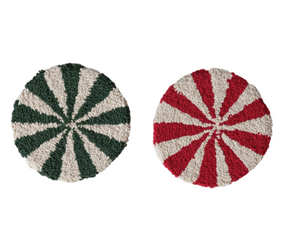 8-Inch Round Cotton Tufted Candy-Striped Trivet, Green or Red