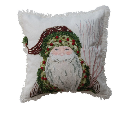 Santa Cotton Slub Pillow with Embroidery & Fringe, 18"