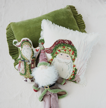 Santa Cotton Slub Pillow with Embroidery & Fringe, 18"