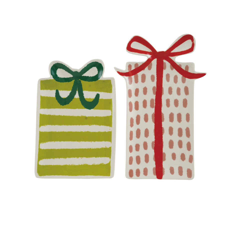 Holiday Gift-Shaped Stoneware Plates with Bows, Set of 2