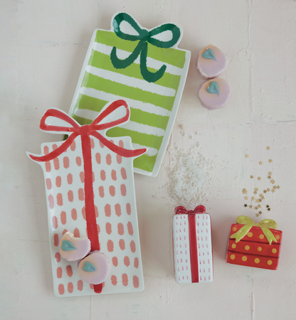 Holiday Gift-Shaped Stoneware Plates with Bows, Set of 2