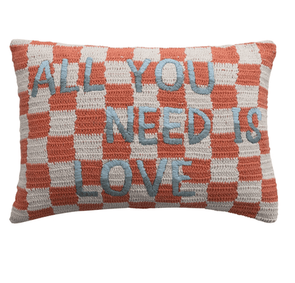 All You Need Is Love Cotton Crocheted Check Lumbar Pillow - Veranda Cafe & Mercantile