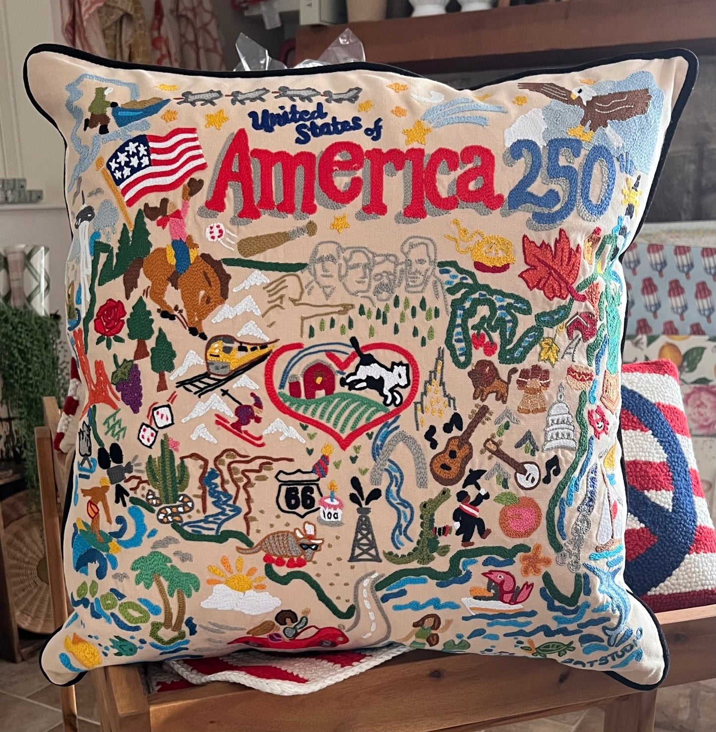 America 250th Anniversarry Hand - Embroidered Pillow - Veranda Cafe & Mercantile