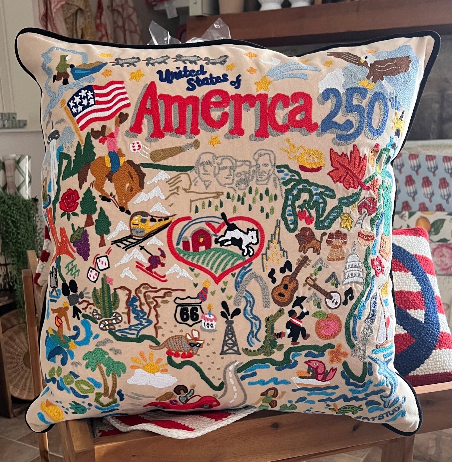 America 250th Anniversarry Hand - Embroidered Pillow - Veranda Cafe & Mercantile