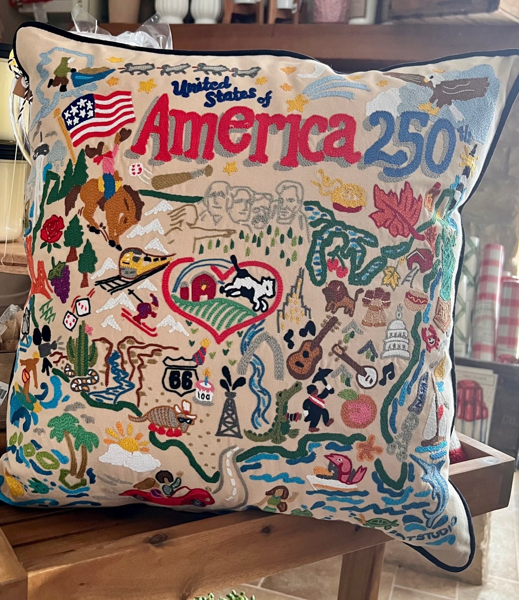 America 250th Anniversarry Hand - Embroidered Pillow - Veranda Cafe & Mercantile