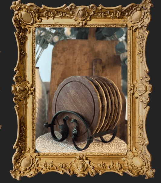 Antique French Iron Bread Board Rack complete with six (6) Round Wood Breadboards - Veranda Cafe & Mercantile