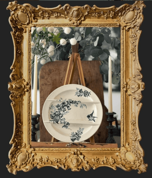 Antique French Longwy Terre de Fer divided Asparagus Plate w Bird - Veranda Cafe & Mercantile