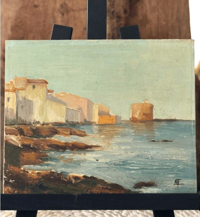 Antique French seascape oil on board - Veranda Cafe & Mercantile