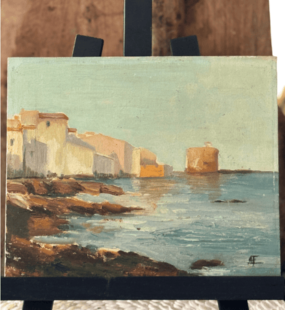 Antique French seascape oil on board - Veranda Cafe & Mercantile