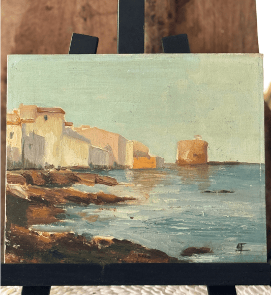 Antique French seascape oil on board - Veranda Cafe & Mercantile