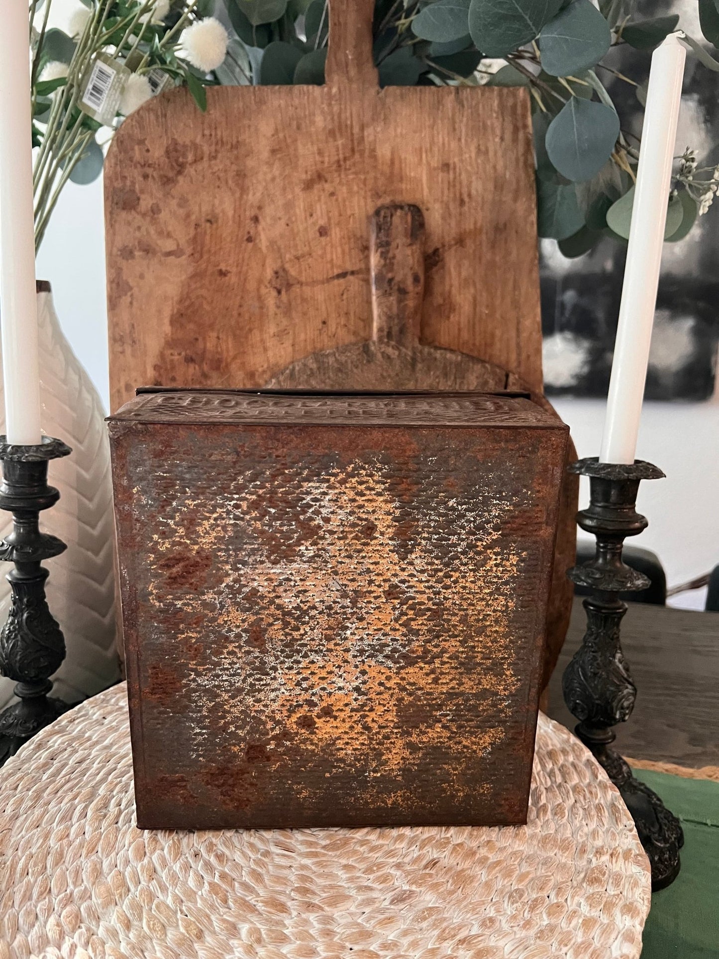 Antique Metal Chocolat Menier Box - Dark Brown - Veranda Cafe & Mercantile