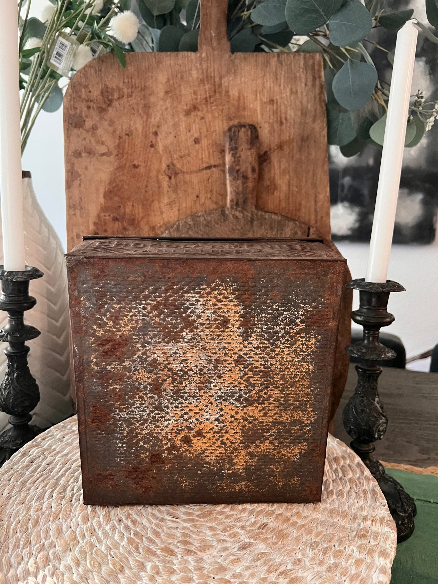 Antique Metal Chocolat Menier Box - Dark Brown - Veranda Cafe & Mercantile