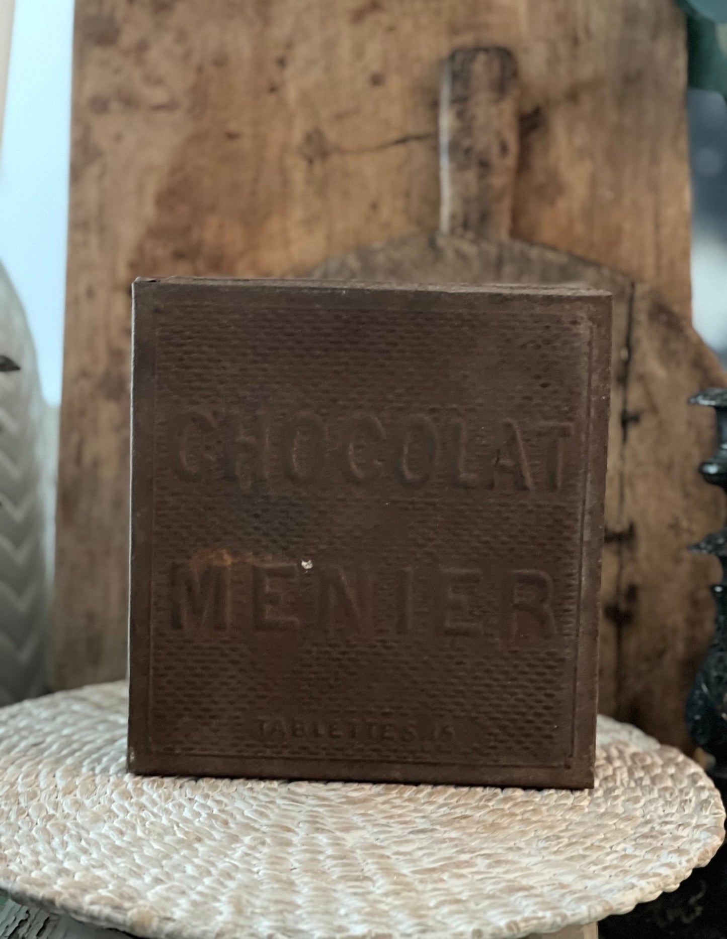 Antique Metal Chocolat Menier Box - Dark Brown - Veranda Cafe & Mercantile
