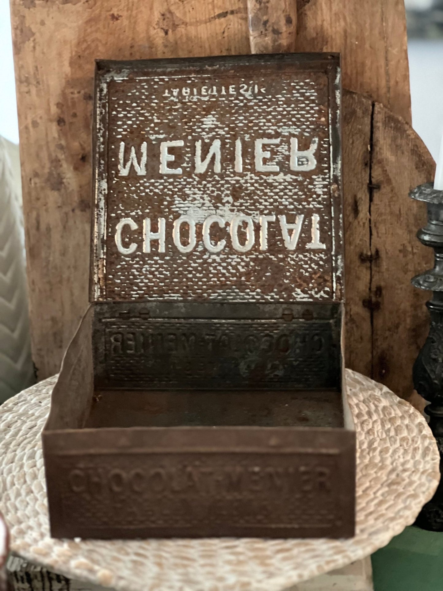 Antique Metal Chocolat Menier Box - Dark Brown - Veranda Cafe & Mercantile