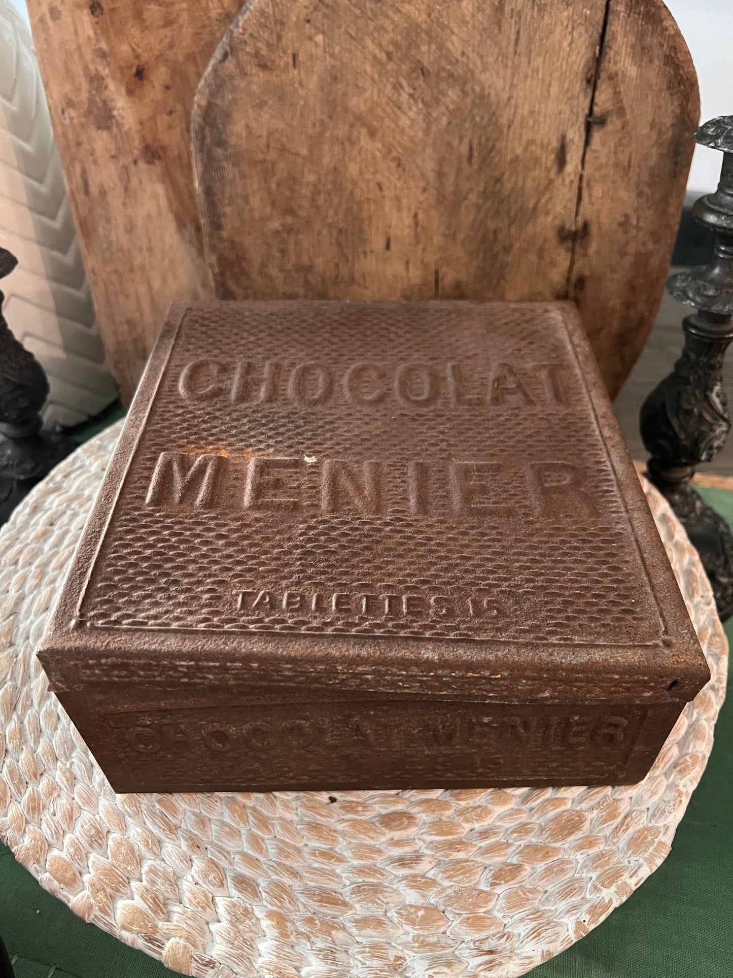 Antique Metal Chocolat Menier Box - Dark Brown - Veranda Cafe & Mercantile