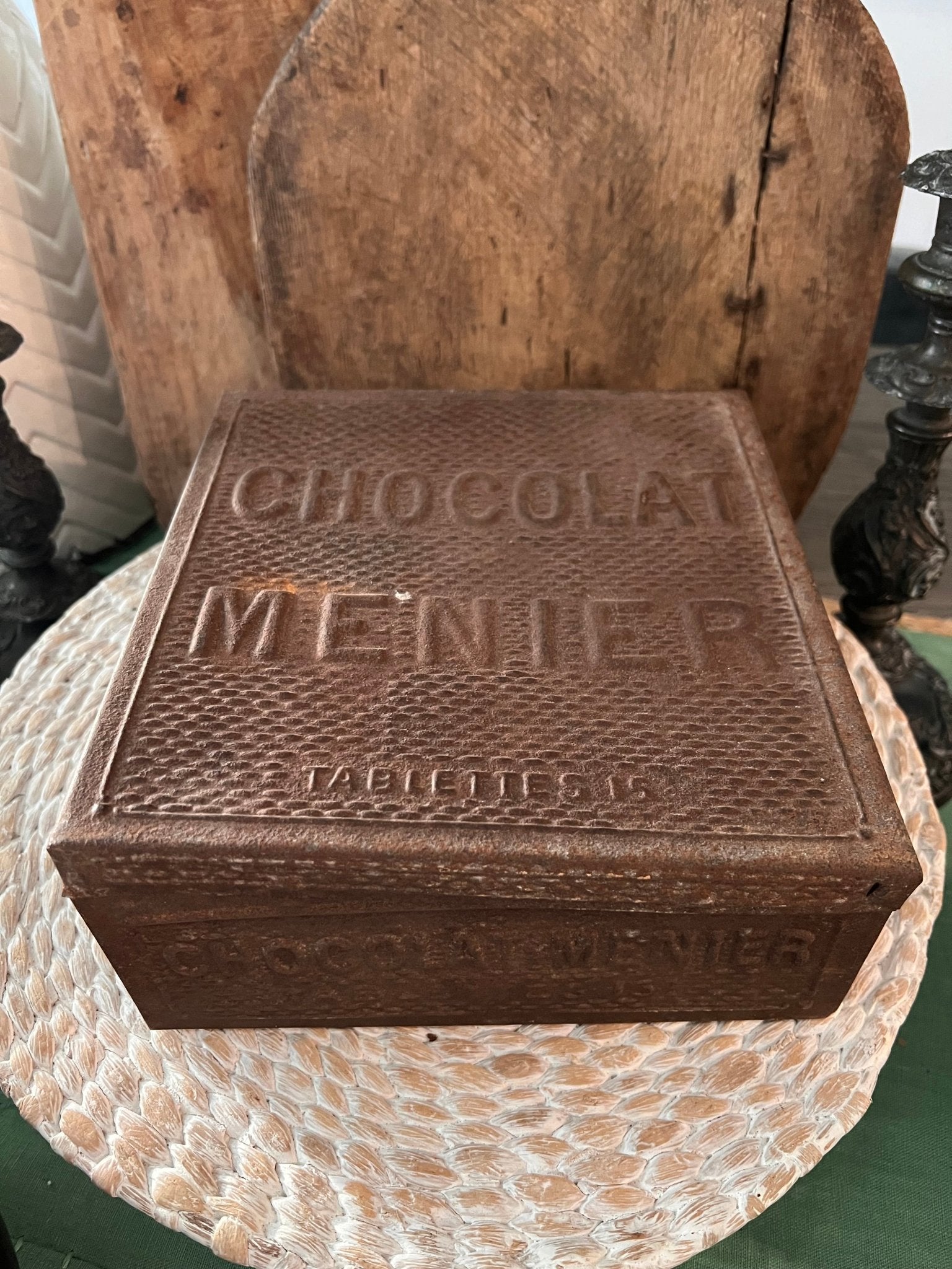 Antique Metal Chocolat Menier Box - Dark Brown - Veranda Cafe & Mercantile