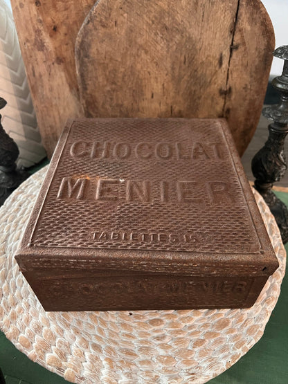 Antique Metal Chocolat Menier Box - Dark Brown - Veranda Cafe & Mercantile