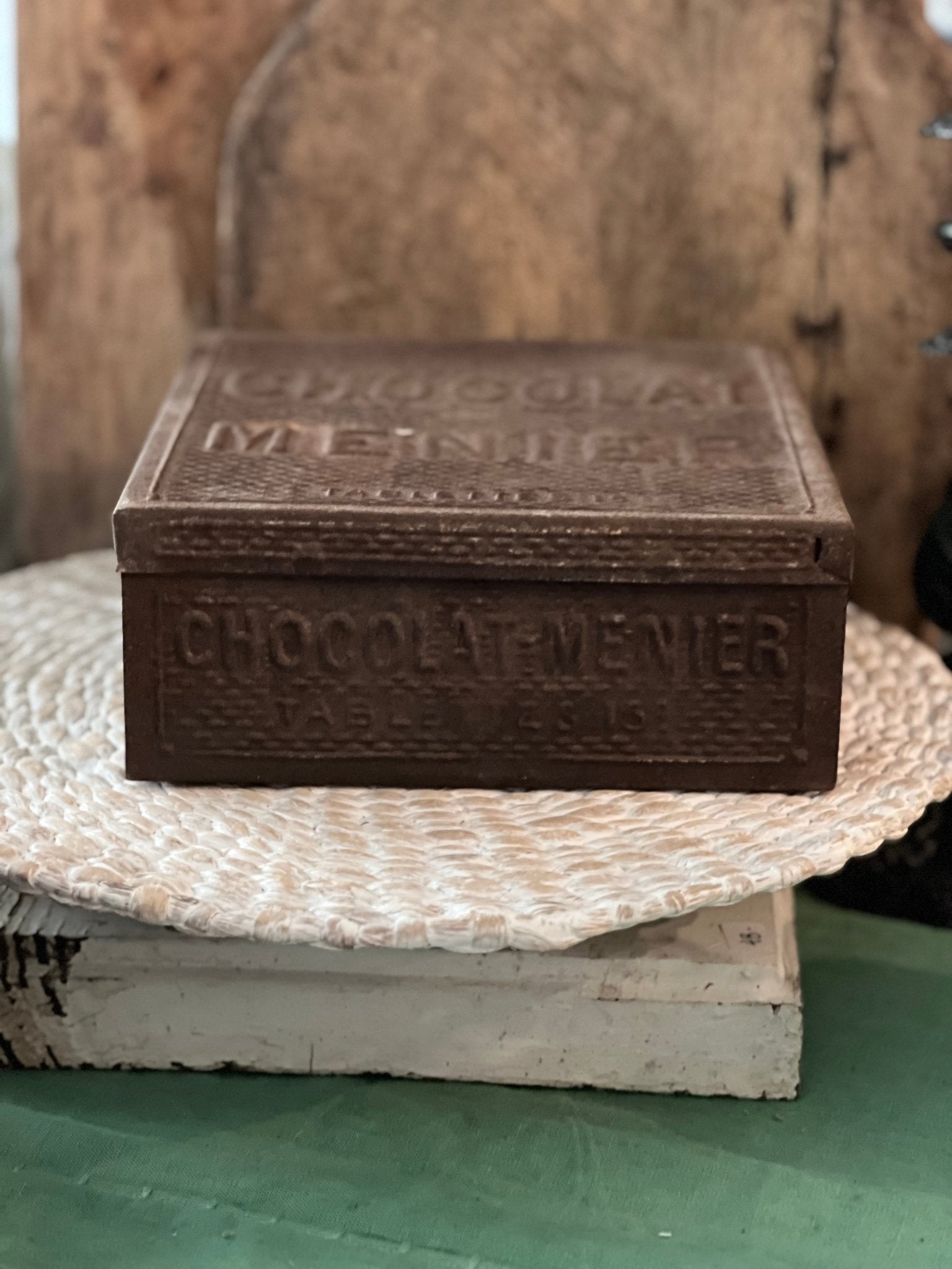 Antique Metal Chocolat Menier Box - Dark Brown - Veranda Cafe & Mercantile