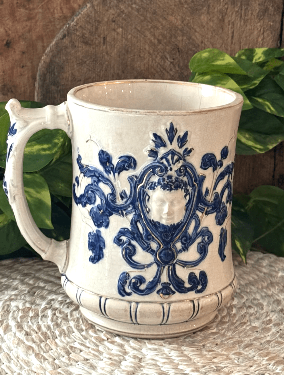 Antique Swedish Blue & White Cameo Stein - Veranda Cafe & Mercantile