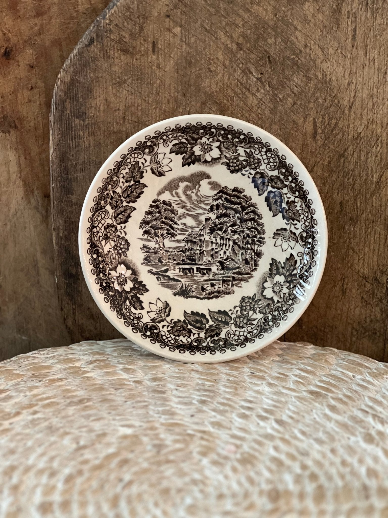 Barratts of Staffordshire "Elizabethan/Brown Farm Scene" ironstone saucer - Veranda Cafe & Mercantile