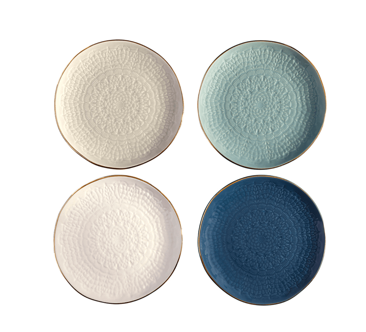 Blue Gold Rim Stamped Plates - Set of 4 - Veranda Cafe & Mercantile