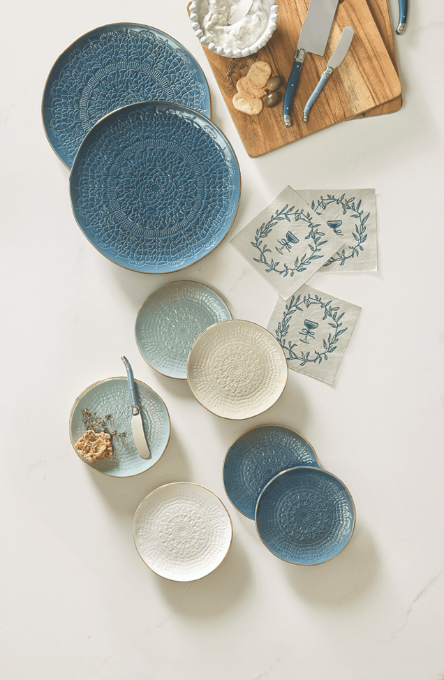 Blue Gold Rim Stamped Plates - Set of 4 - Veranda Cafe & Mercantile