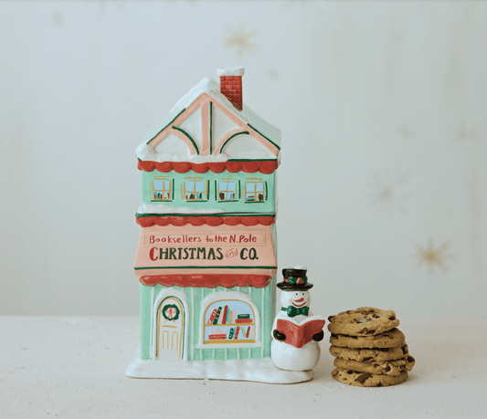 "Christmas and Co." Bookshop Cookie Jar with Snowman - Veranda Mercantile